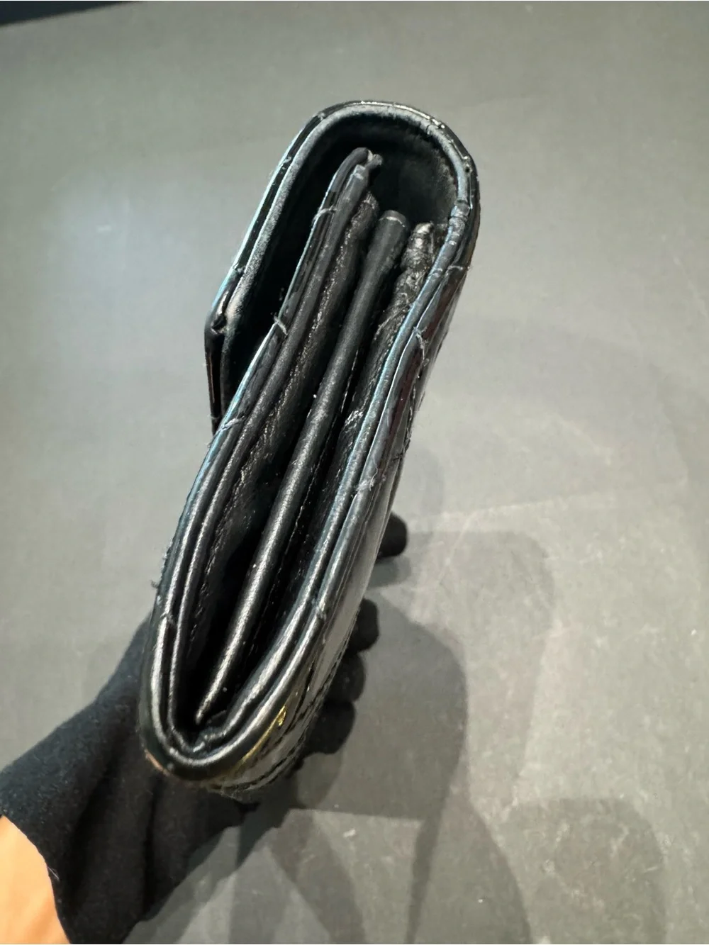 CHANEL WALLET Black Quilted Patent Leather Long wallet with Silver CC